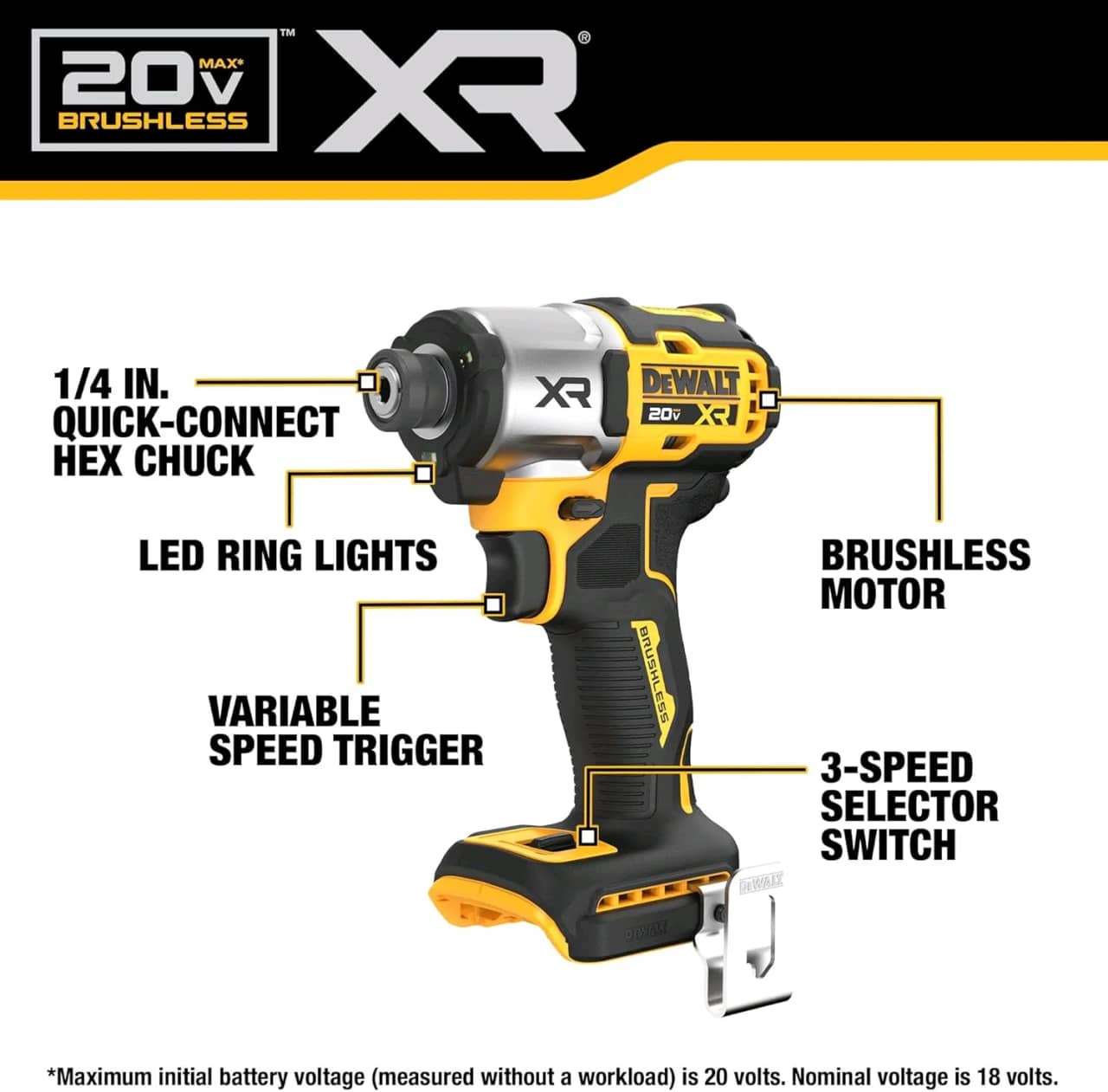 DEWALT Destornillador de impacto MAX XR de 20 V, par alto de 1/4 pulgadas, sin escobillas, 3 velocidades premium inalámbrico con luz LED, tiempo de funcionamiento extendido, solo herramienta (DCF845B) — imagen 3