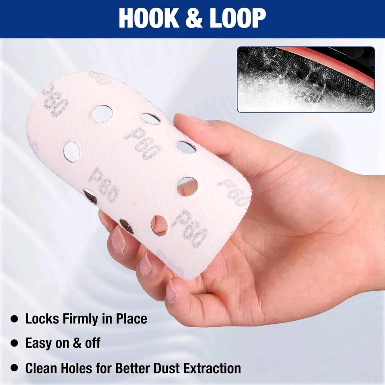WORKPRO 50 discos de lija de grano 60 - Papel de lija de 5 pulgadas con 8 agujeros de gancho y bucle para lijadora orbital aleatoria (no para herramientas oscilantes o lijadora de ratón) — imagen 5