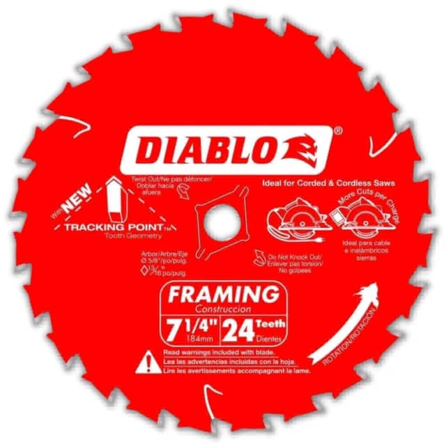 Diablo Tracking Point - Hojas de sierra circular de 24 dientes de 7-1/4 pulgadas - Paquete de 2 - Carburo de Tico, corte suave, baja vibración, revestimiento antiadherente - D0724VPX