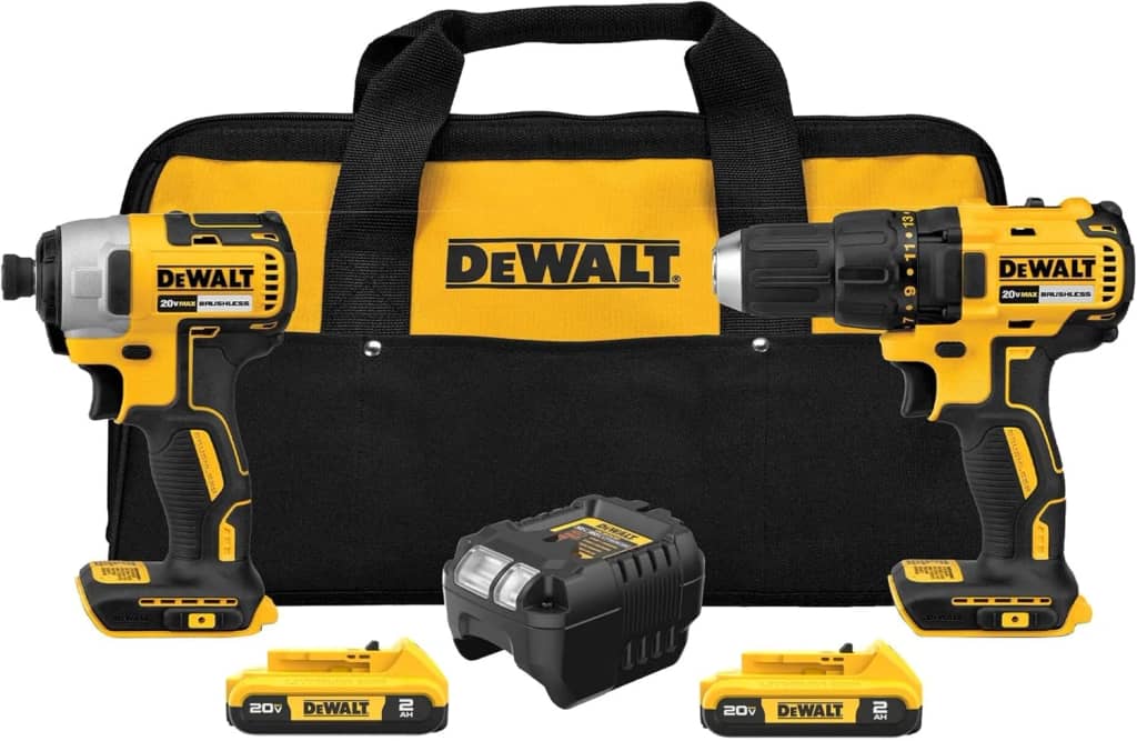 DEWALT Taladro inalámbrico de 20 V MAX y destornillador de impacto, taladro eléctrico sin escobillas, kit combinado de herramientas eléctricas de 2 herramientas, incluye 2 baterías, cargador y bolsa