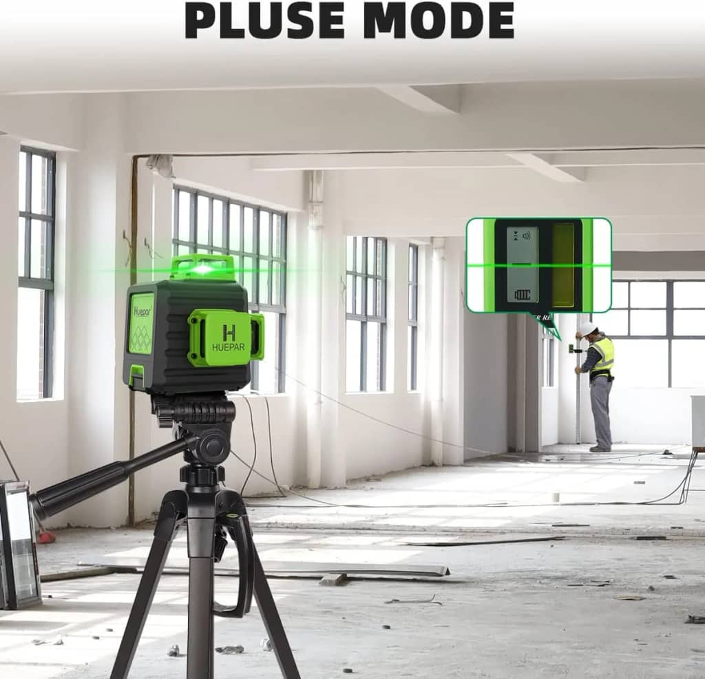 Nivel láser 360 autonivelante con trípode de 47 pulgadas, Huepar 3 x 360 grados de alto brillo verde herramienta niveladora láser para construcción, azulejos y colgar imágenes, batería de iones de litio de 5200 mAh y 2 bolsas portátiles incluidas